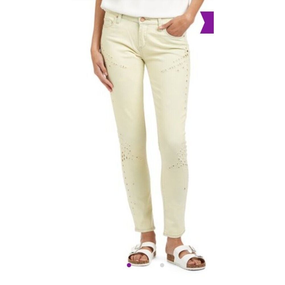Blank NYC Jeans Women's 26 Yellow Tone Acid‎ Wash Skinny Distressed Embroidered